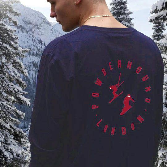 Powderhound London Navy Blue Long Sleeve T-shirt (red skier on front)