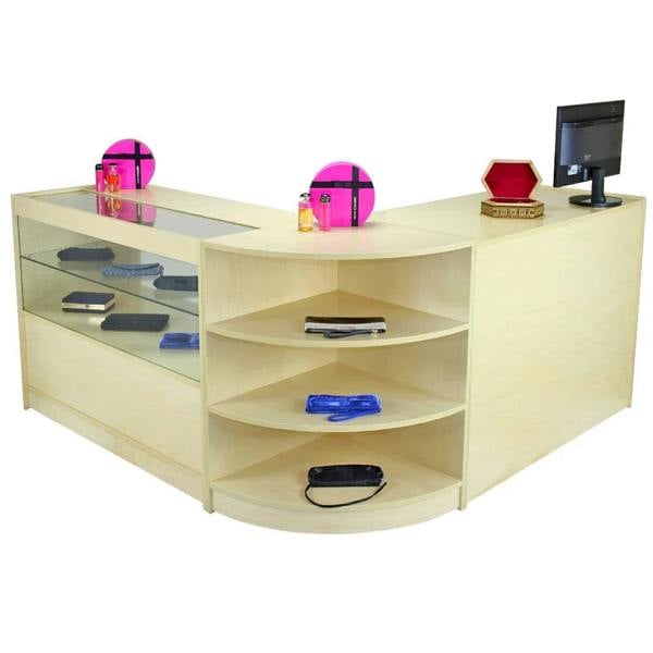 Nova Maple Shop Counter & Retail Display Set featuring a light maple finish, curved design, glass display top, and open shelving for merchandise