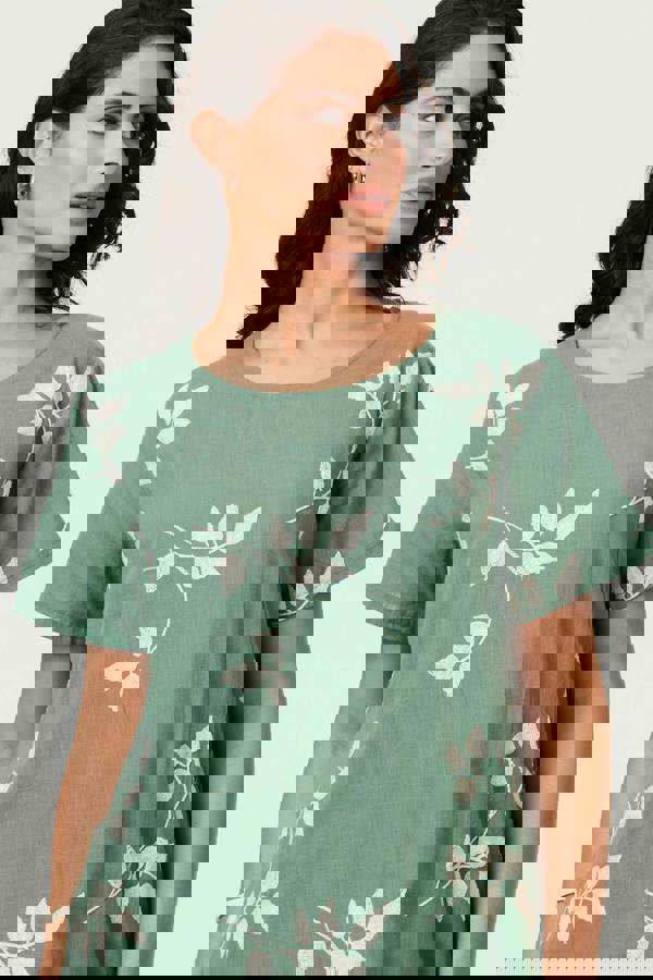 Green | Leaf Print Relaxed Knee Length Dress