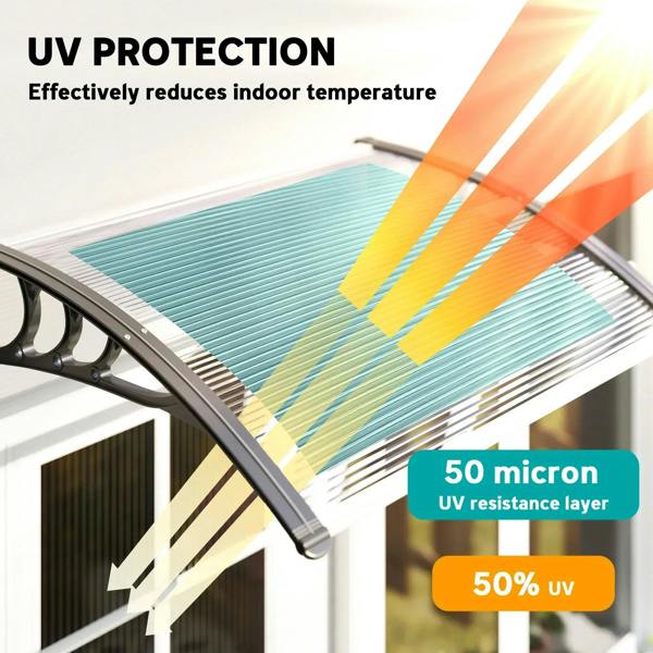 Clear ribbed polycarbonate canopy roof with curved black edge frame