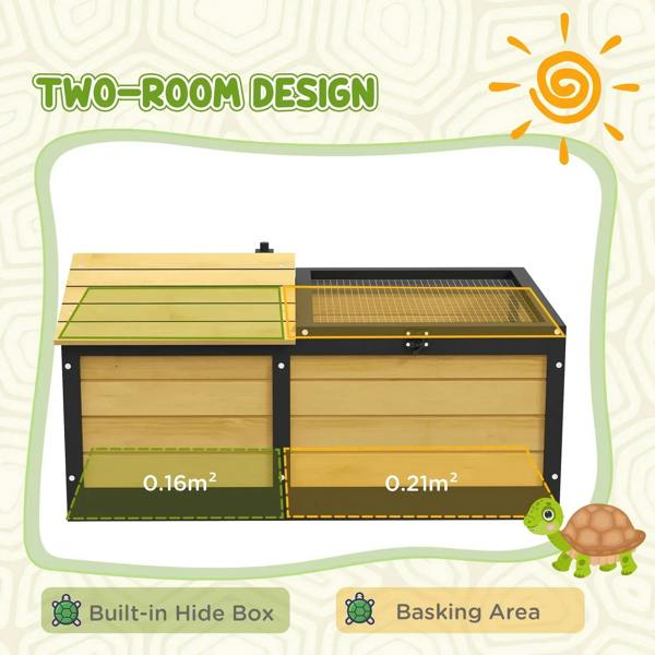 Two-room style yellow reptile shelter with built-in hide box and wire-mesh basking area