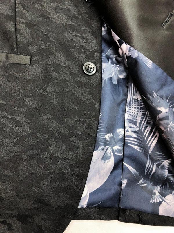 Close up of Black Jacquard Brocade Dinner Jacket