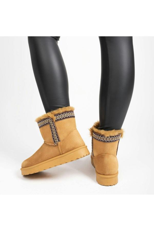 Malira Faux Suede Fluffy Lined Ankle Boots With Stitch Trim - Camel