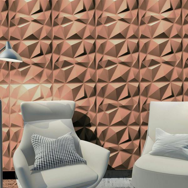 ENER-J 3D PVC Wall Panel, Faceted Diamond Design, Red Copper Rust, Size: 500x500x1mm | Pack of 4