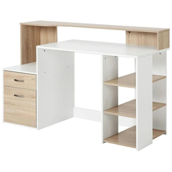 Bobobiy Computer Desk with Drawers and Storage Shelves, Office Desk Writing Table with Printer Stand, 137 x 55 x 92cm, Oak