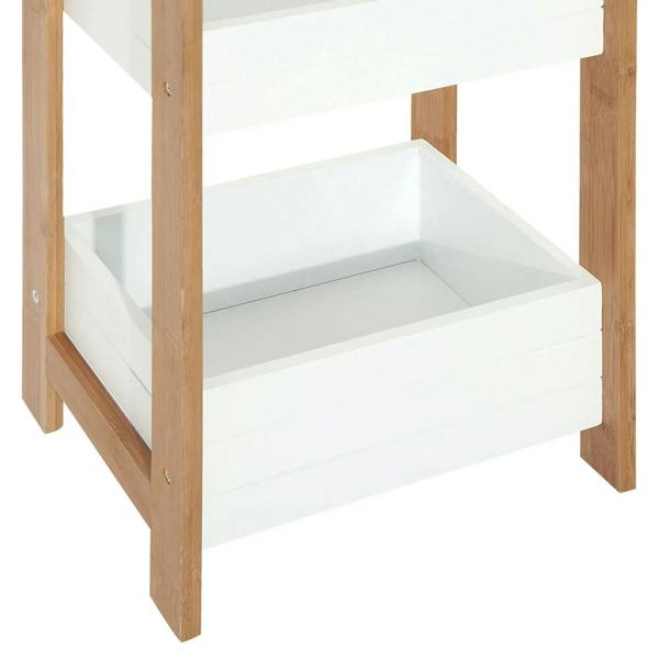 Bamboo bathroom shelf rack with two visible white tiers and open sides