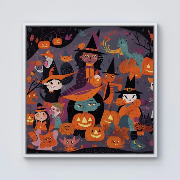 Warren Reed A Vibrant Illustration Of Witches And Pumpkin Framed Canvas