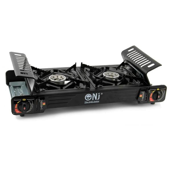 Portable gas stove with 2 gas compartments open
