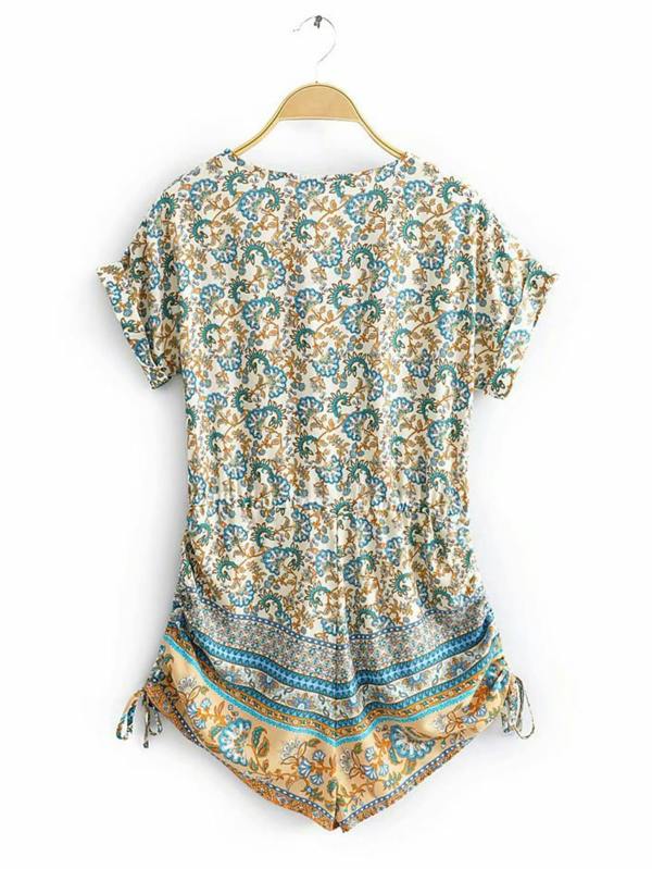 FS Collection Playsuit With Drawstring Detail In Blue Mixed Print