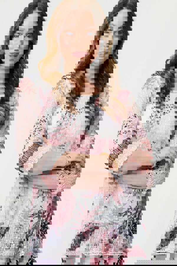 Pink | Abstract Print Mesh Layer 3/4 Sleeve Tunic
