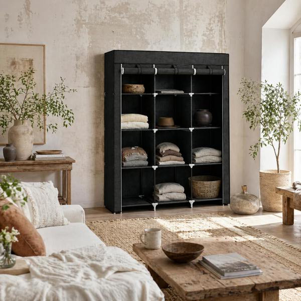 Wyld Haus Belapalo Black Foldable Fabric Wardrobe With Shelves And Zip Cover