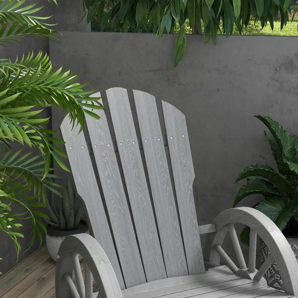 Grey slatted-back rocking armchair with wheel-shaped sides, corner view