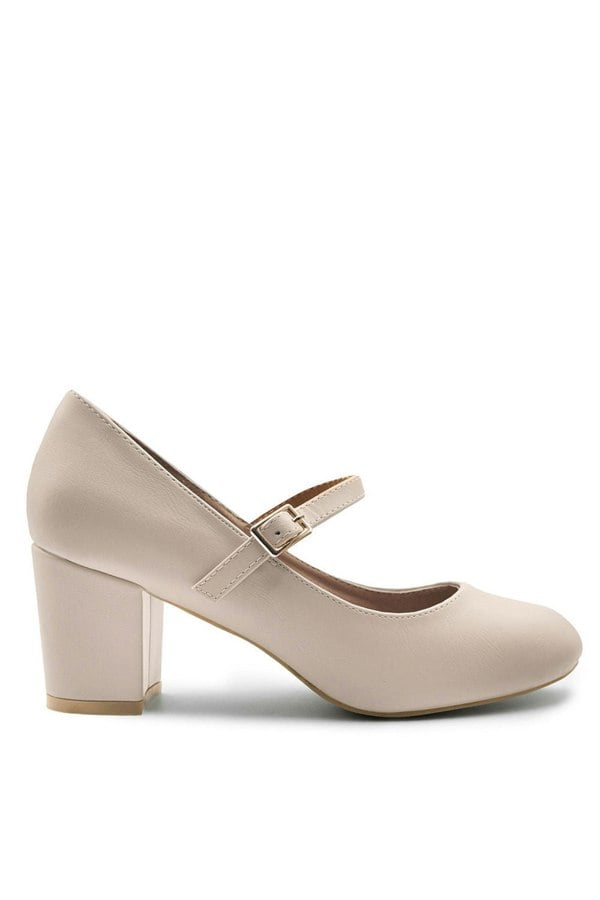 Where's That From Araceli Wide Fit Block Heel Mary Jane Pupms in Nude Faux Leather