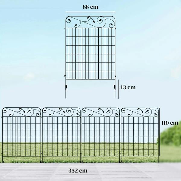 Black metal garden fence with curled scroll top, vertical grid, staked into yard