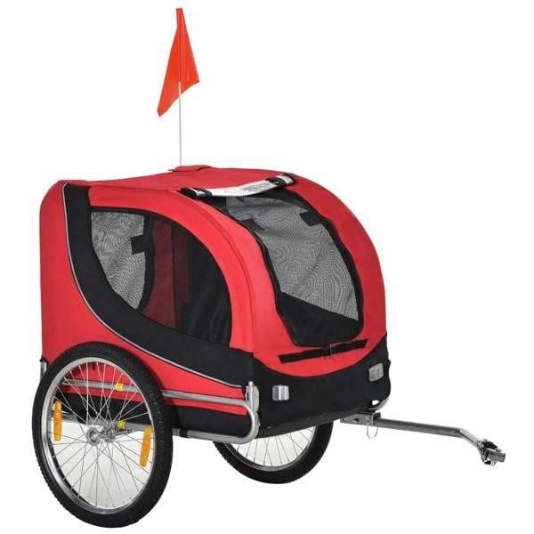 Red and black bike pet trailer with mesh side windows and front hitch coupler