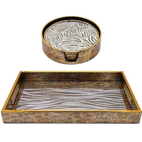 Maison des Cadeaux Rectangle Zebra Print Tray and Drink Coasters Set