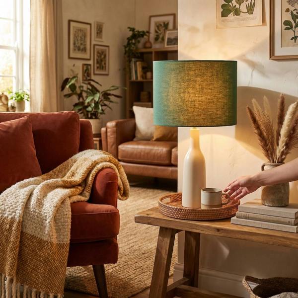Designer Fir Forest Green Textured Linen Fabric Circular Lamp Shade Image 6