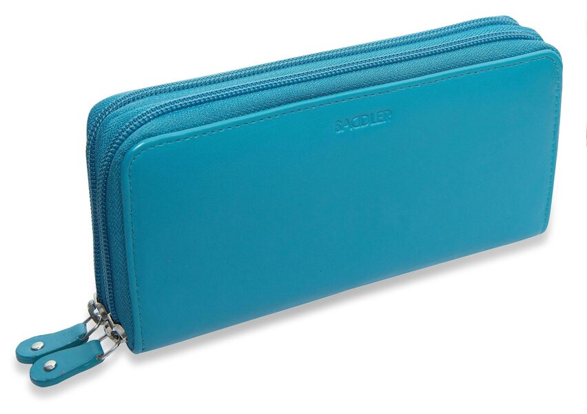 SADDLER GABRIELLA Leather Double Zip Around Purse - 8 Card Slots, Phone Pocket, and Coin Purse - RFID Protected - Teal
