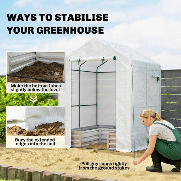 Bobobiy Small Greenhouse with Raised Garden Bed, Galvanised Walk-in Greenhouse with Roll Up Windows, 141 x 141 x 190 cm, White