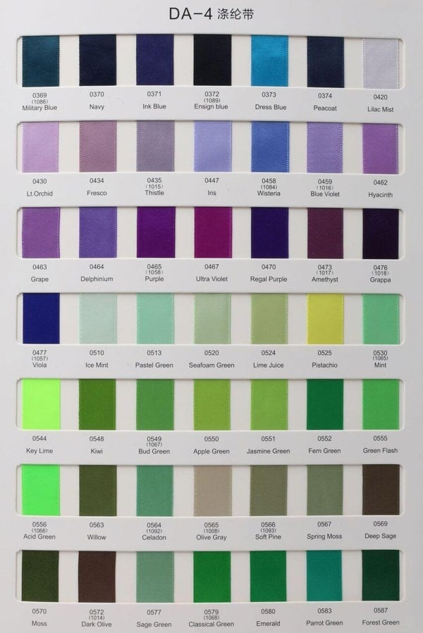 Color swatch chart with various shades of blue, purple, green, and brown.