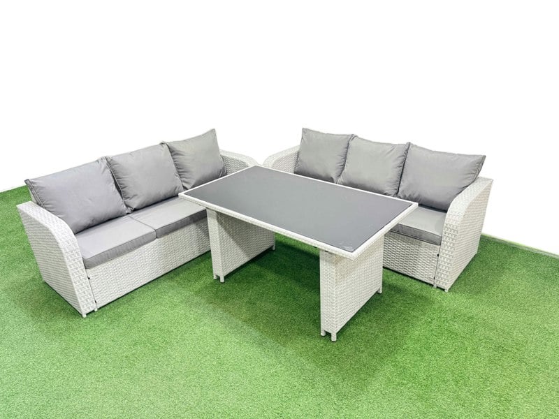 Fimous 6 Seater Rattan Outdoor Dining Table 3 Seater Sofa Set Light Grey