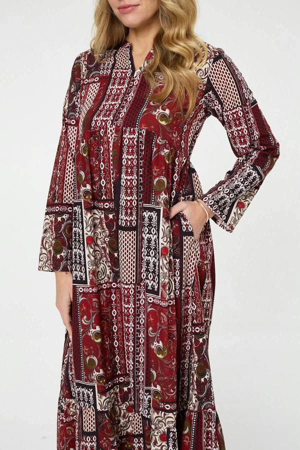 Red | Patchwork Print Long Sleeve Maxi Dress