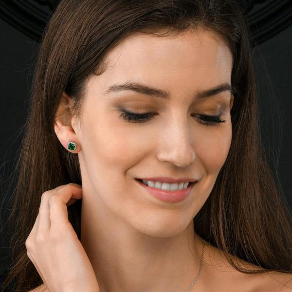 namana 925 Sterling Silver Square Shaped Green Halo Stud Earrings for Women