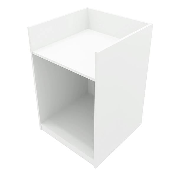 White Hyperion LED shop counter with a sleek, modern design, featuring a spacious top surface and open storage area below