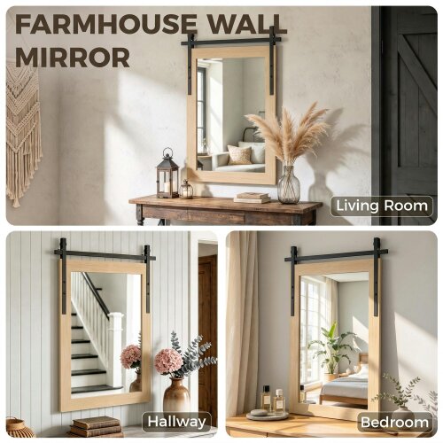 HOMCOM Farmhouse Rectangle Mirror, 86.5 x 61 cm, White Oak