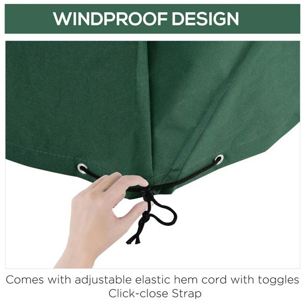 Windproof patio furniture cover edge with elastic hem cord and toggle close strap in green fabric.