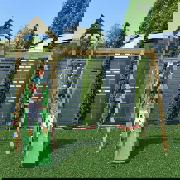 Climbing frame Sky High Hideout featuring double swing, slide and climbing wall - Best Shed