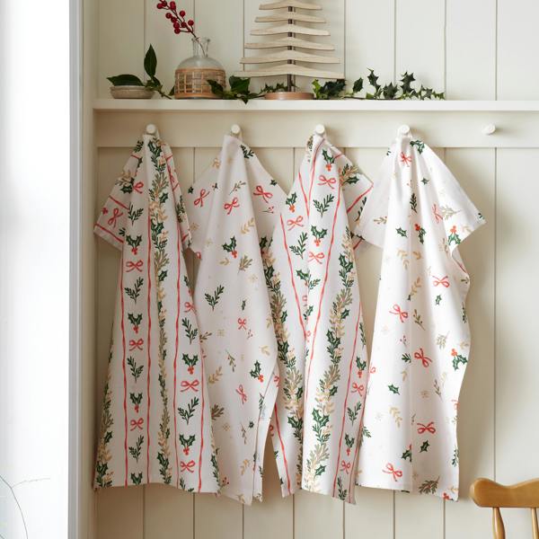 Catherine Lansfield Christmas Holly Stripe Cotton Kitchen Tea Towel Pack of 4 Cream / Red