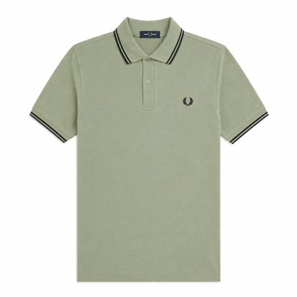 Silver blue Fred Perry cotton piqué polo shirt with dark airforce twin tipped collar and cuffs and embroidered logo.