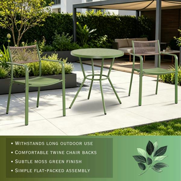Core Products 3 Piece Bistro Garden Set, Pair Of Rope Back Armchairs & Round Plastic Table, Moss Green
