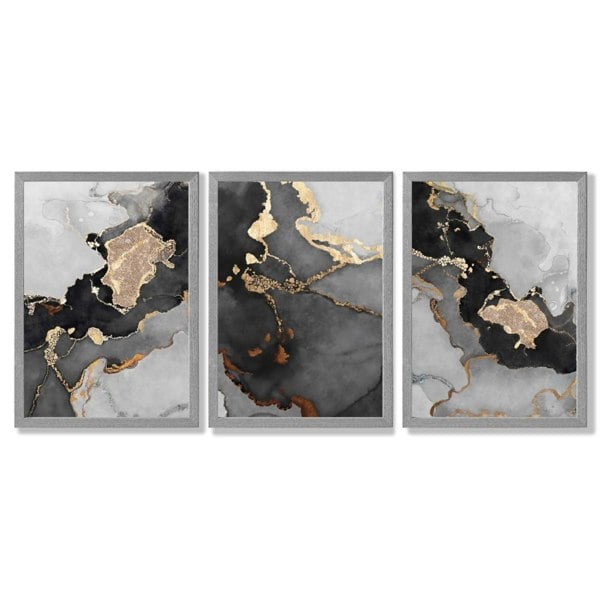 Artze Wall Art Framed Set of 3 Abstract Art prints of Paintings Black Grey and Gold