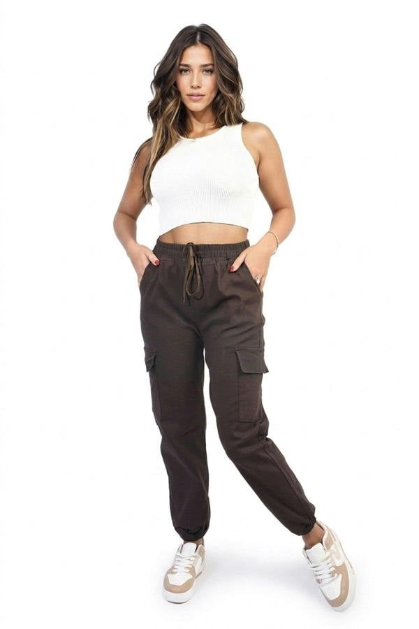 Plus Size Frankie Cargo Pocket Trouser With Drawstring - Brown_wb