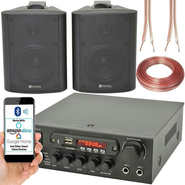 2x Black Bluetooth Wall Speaker System 110W Bar Restaurant Wireless Amp HiFi Kit