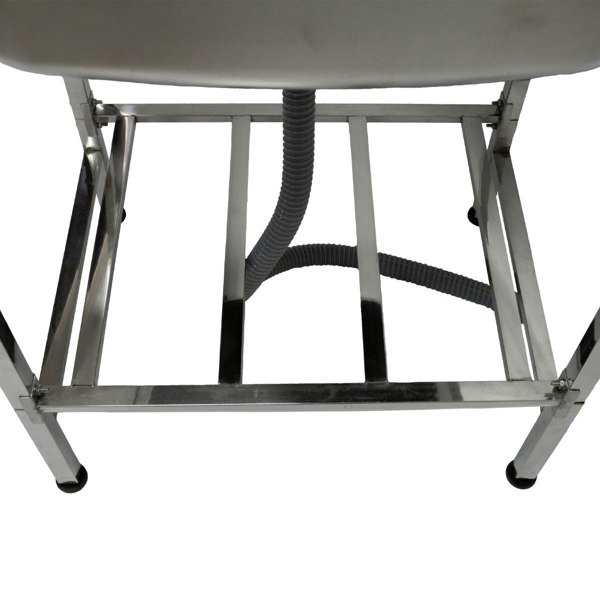 Portable stainless steel camping sink with a sturdy frame, featuring a drainage hose and non-slip feet for stability outdoors