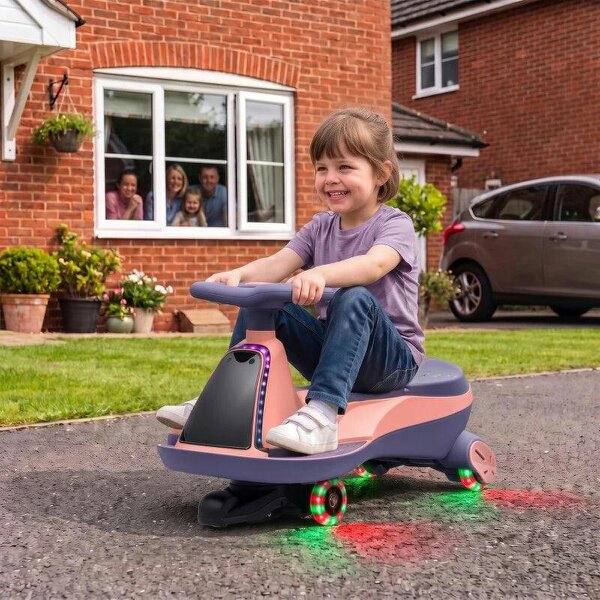 12V Electric Wiggle Car, 2-In-1 Kids Ride On Toy with 2 Speeds, Soft Start, PU Wheels, RGB Lights, Up to 60 kg, Pink