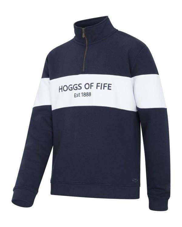 Hoggs of Fife Dumfries 1888 Mens Pull Over Quarter Zip Sweat Shirt, navy blue and white sweatshirt with zip collar and embroidered logo.