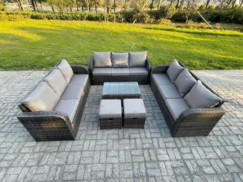 Fimous Rattan Lounge Sofa Set 11 Seater Outdoor Garden Furniture Set with Rectangular Coffee Table 3 Seater Sofa 2 Small Footstools Dark Grey Mixed