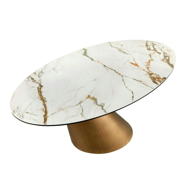 Angel Cerdá Oval dining table with porcelain marble and bronze-coloured steel barrel 1160