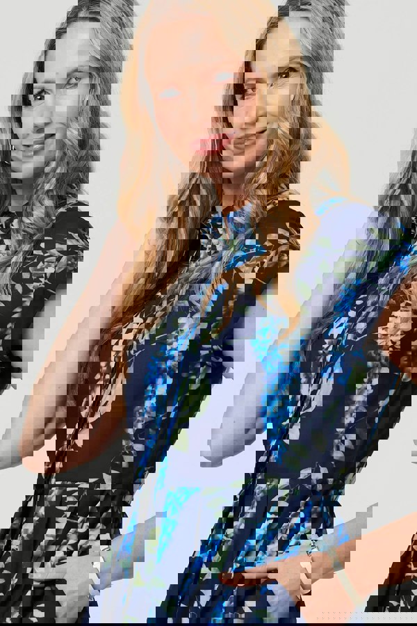 Blue | Floral Cap Sleeve Pleated Short Dress
