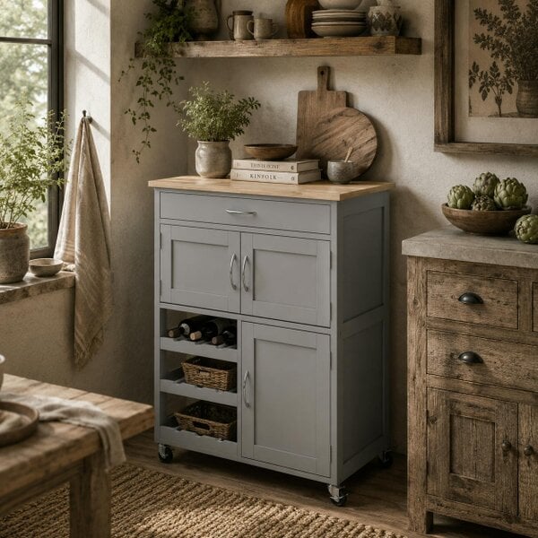Wyld Haus Lehari Grey Wooden Rolling Kitchen Island With Drawer Wine Rack Door Cabinets And Natural Wood Top