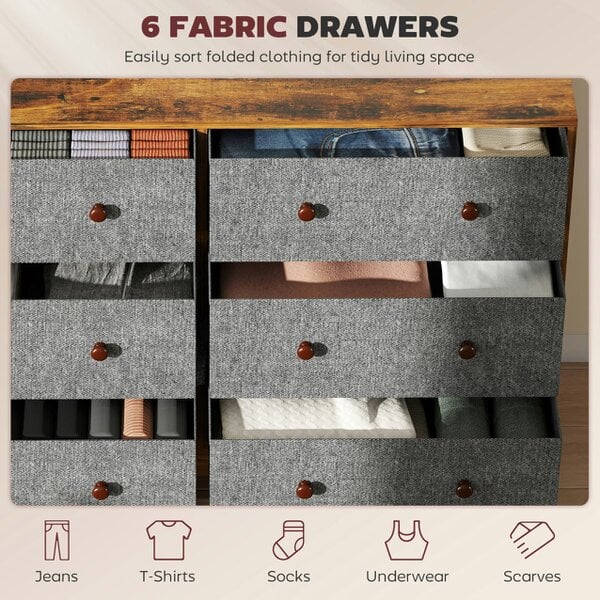HOMCOM Chest of Drawers, Wide Dresser with 6 Grey Fabric Drawers & Steel Frame for Bedroom, Living Room, Hallway - Rustic Brown