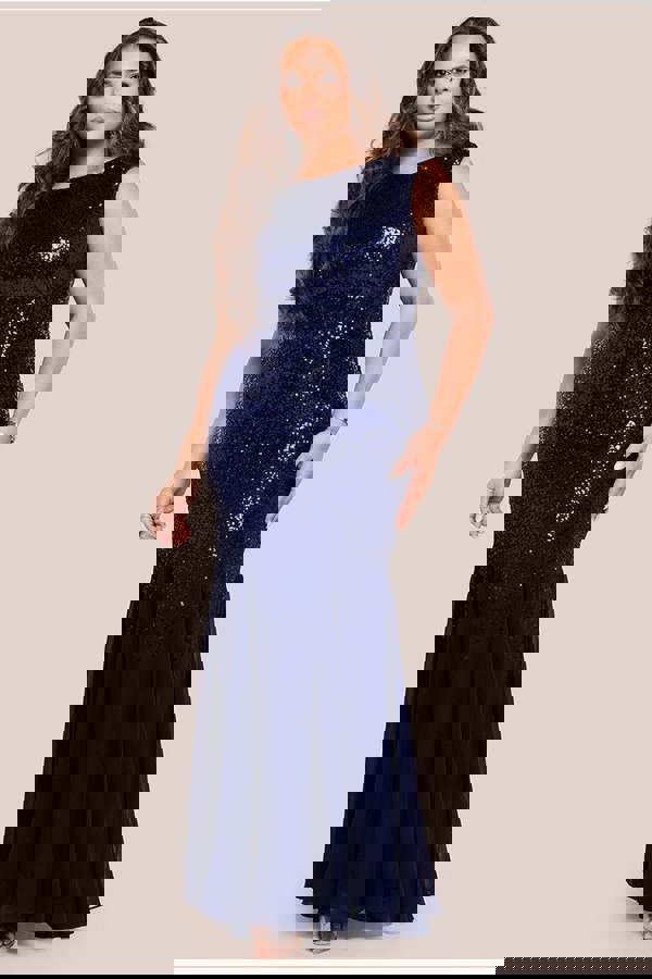 Chiffon & Sequin Embroidered Bardot Maxi Dress - Navy Blue DR1168SP