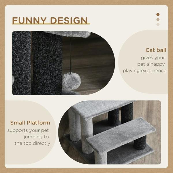 Grey pet stairs with scratching posts and hanging cat toy ball
