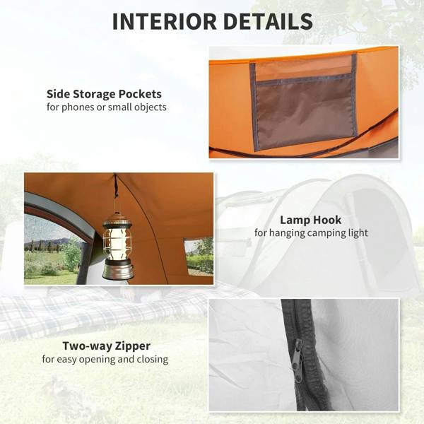 Orange and dark gray tent interior features with side storage pockets and lamp hook