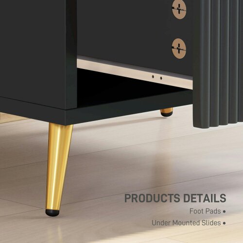 Wyld Haus Vevele Black Elegant 2 Drawer Ribbed Bedside Table with Gold Accents