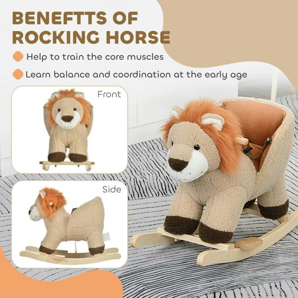 Lion-themed kids rocking horse plush, front and side detail panels with wooden base